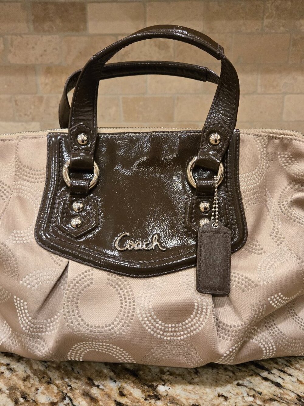 Coach Ashley Dotted Op Art Satchel in Khaki/Brown - F2027 - Great Used Condition
